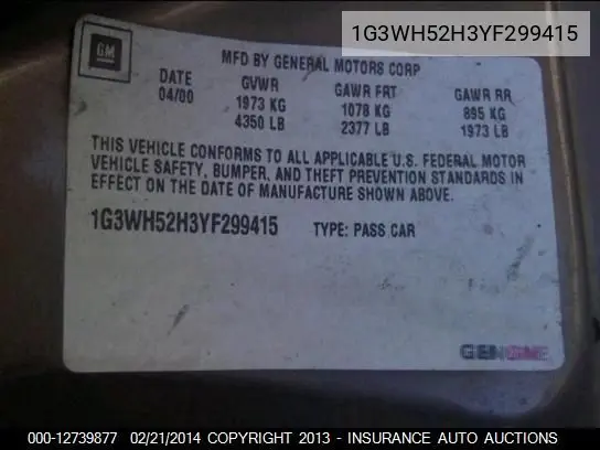 2000 Oldsmobile Intrigue Gx VIN: 1G3WH52H3YF299415 Lot: 12739877