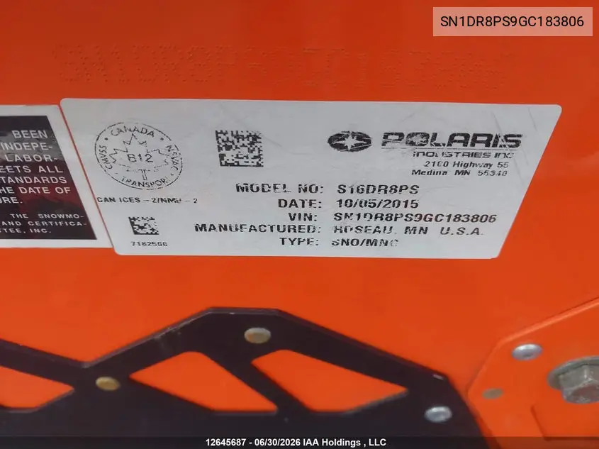2016 Polaris VIN: SN1DR8PS9GC183806 Lot: 12645687