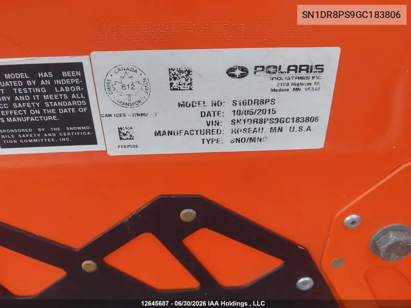 2016 Polaris VIN: SN1DR8PS9GC183806 Lot: 12645687