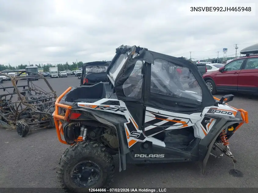 2018 Polaris Rzr S 1000 Eps VIN: 3NSVBE992JH465948 Lot: 12644666