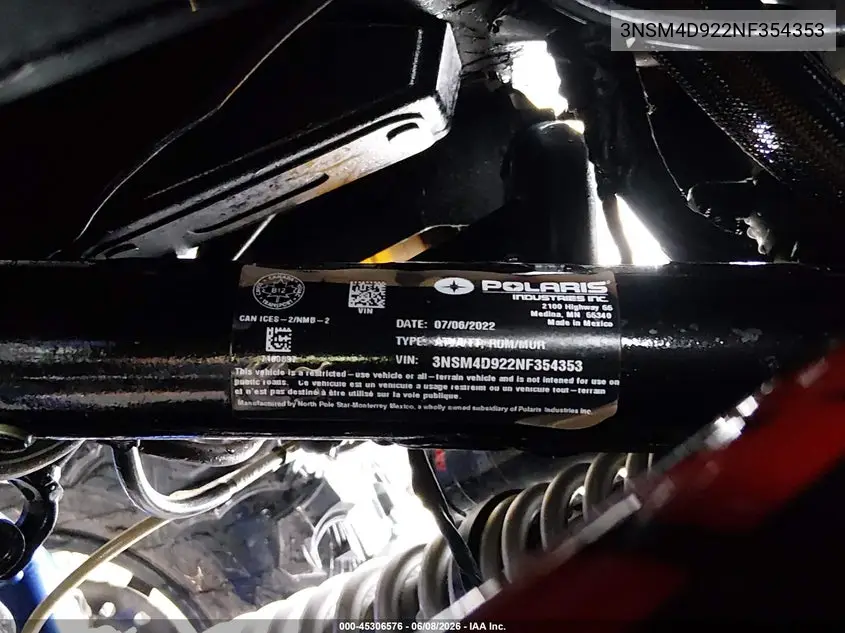 2022 Polaris Rzr VIN: 3NSM4D922NF354353 Lot: 45306576
