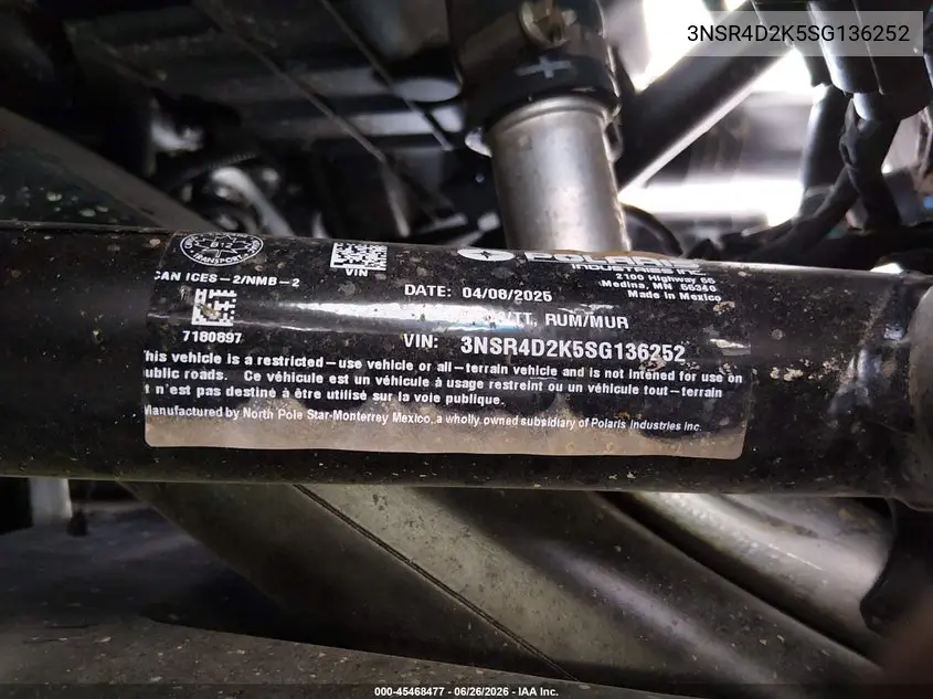 2025 Polaris Rzr VIN: 3NSR4D2K5SG136252 Lot: 45468477