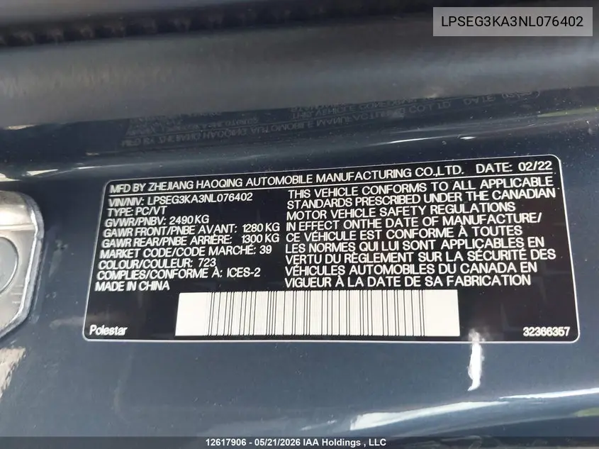2022 Polestar 2 VIN: LPSEG3KA3NL076402 Lot: 12617906