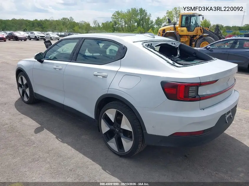 2024 Polestar 2 Long Range Dual Motor/Long Range Dual Motor Plus VIN: YSMFD3KA3RL220092 Lot: 45091999