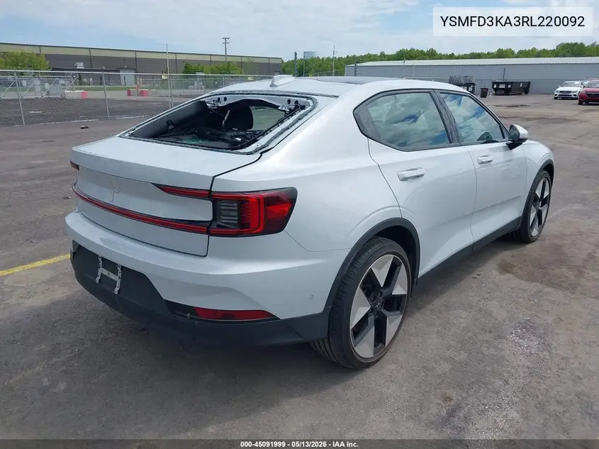 2024 Polestar 2 Long Range Dual Motor/Long Range Dual Motor Plus VIN: YSMFD3KA3RL220092 Lot: 45091999