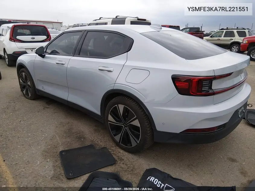 2024 Polestar 2 Long Range Single Motor/Long Range Single Motor Plus VIN: YSMFE3KA7RL221551 Lot: 45186081