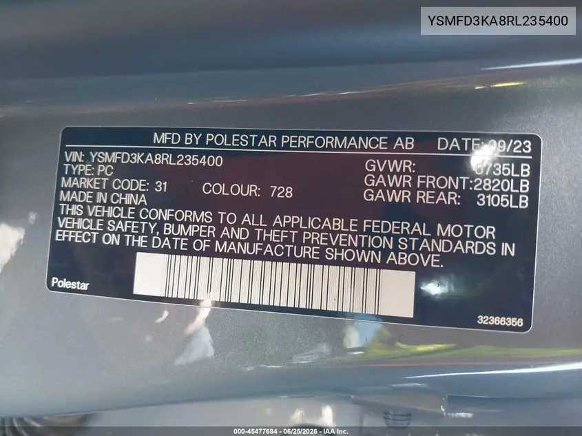 2024 Polestar 2 Long Range Dual Motor/Long Range Dual Motor Plus VIN: YSMFD3KA8RL235400 Lot: 45477684