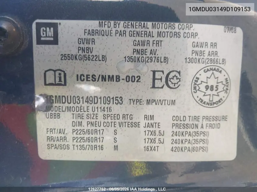 2009 Pontiac Montana Sv6 Fwd VIN: 1GMDU03149D109153 Lot: 12627752