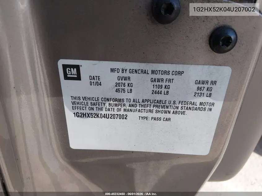 2004 Pontiac Bonneville Se VIN: 1G2HX52K04U207002 Lot: 45232450