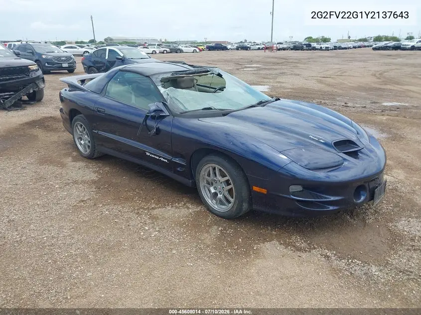 2000 Pontiac Firebird Trans Am VIN: 2G2FV22G1Y2137643 Lot: 45608014