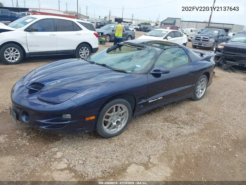 2000 Pontiac Firebird Trans Am VIN: 2G2FV22G1Y2137643 Lot: 45608014