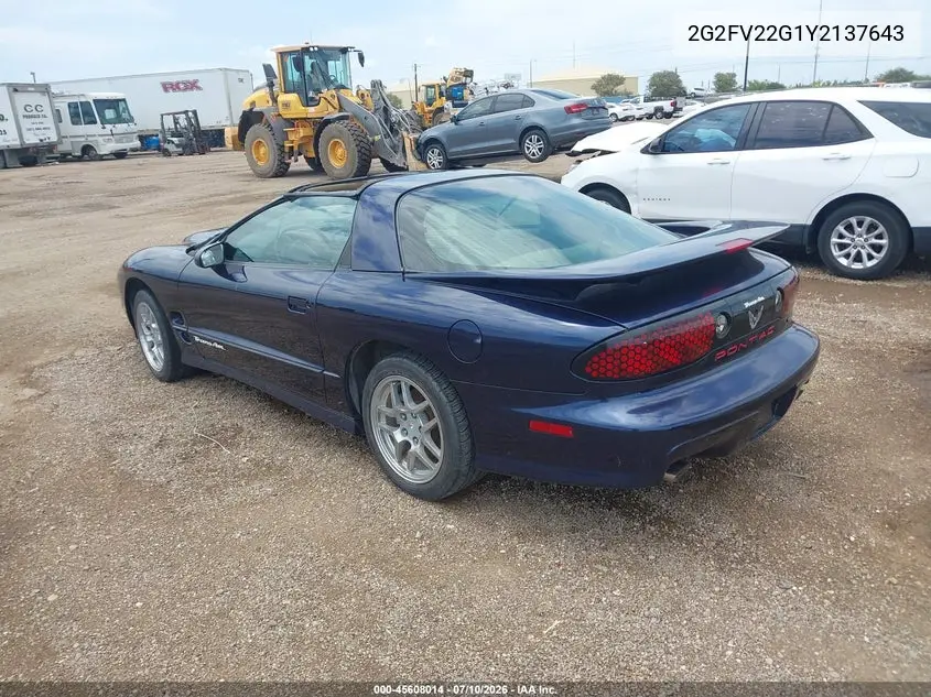 2000 Pontiac Firebird Trans Am VIN: 2G2FV22G1Y2137643 Lot: 45608014