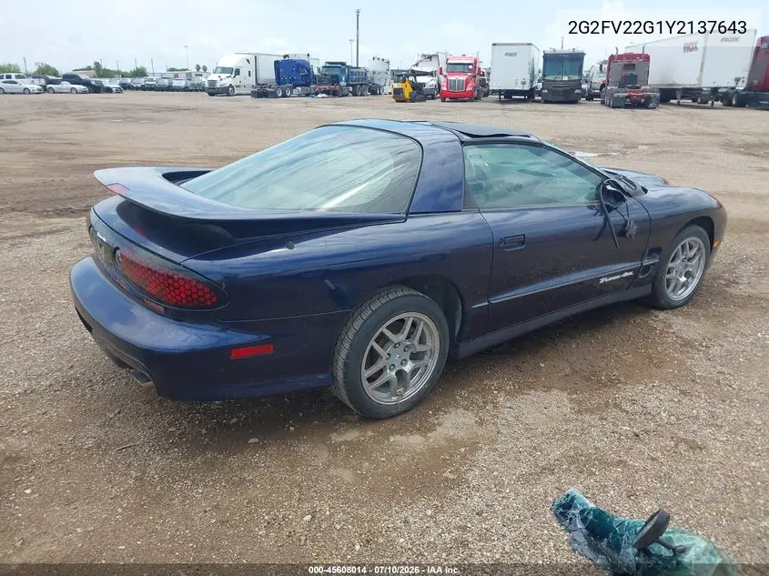 2000 Pontiac Firebird Trans Am VIN: 2G2FV22G1Y2137643 Lot: 45608014