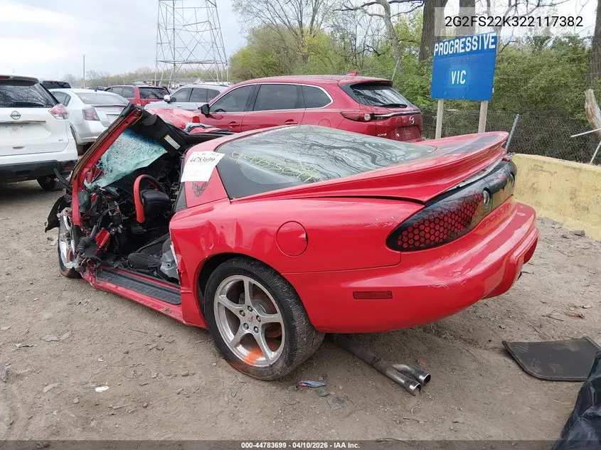 2002 Pontiac Firebird VIN: 2G2FS22K322117382 Lot: 44783699