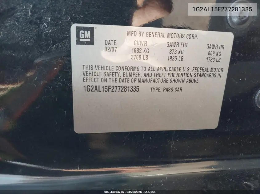 2007 Pontiac G5 VIN: 1G2AL15F277281335 Lot: 44693735
