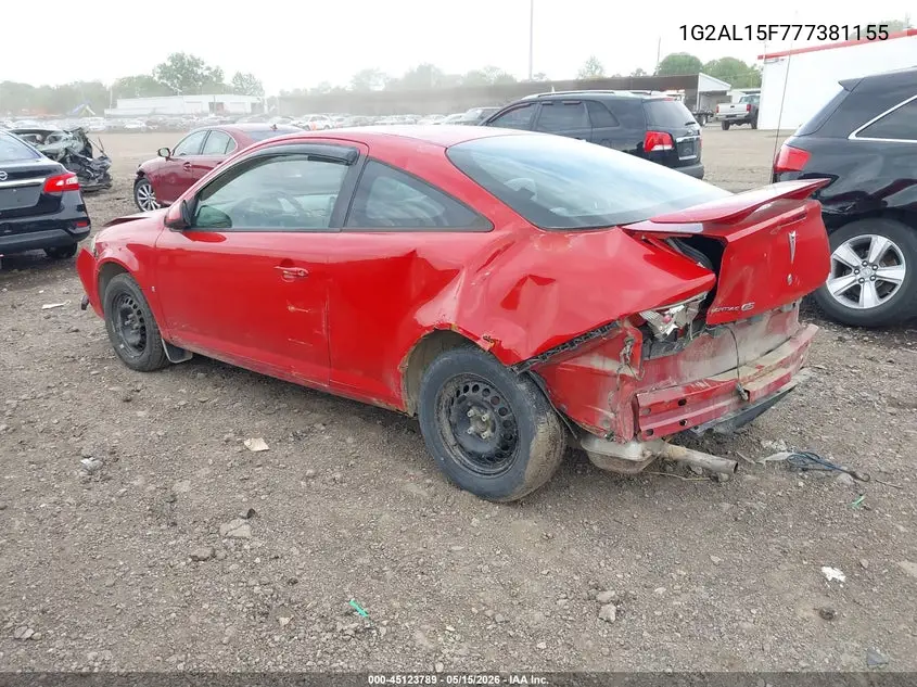 2007 Pontiac G5 VIN: 1G2AL15F777381155 Lot: 45123789
