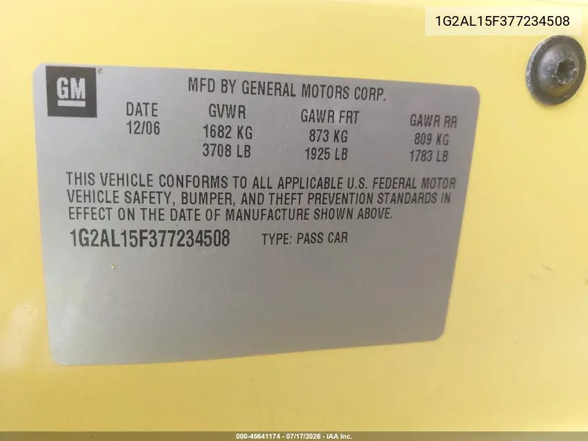 2007 Pontiac G5 VIN: 1G2AL15F377234508 Lot: 45641174