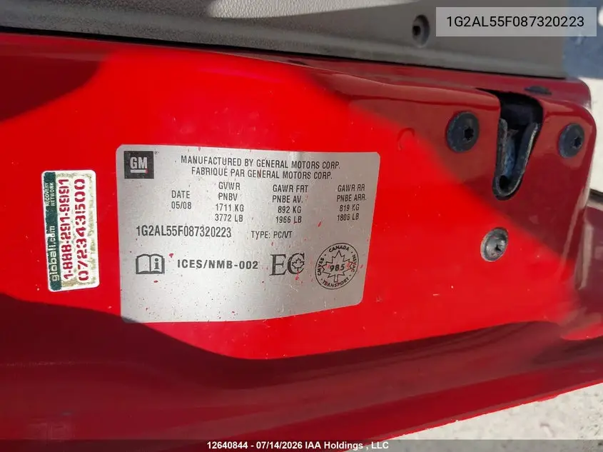 2008 Pontiac G5 VIN: 1G2AL55F087320223 Lot: 12640844