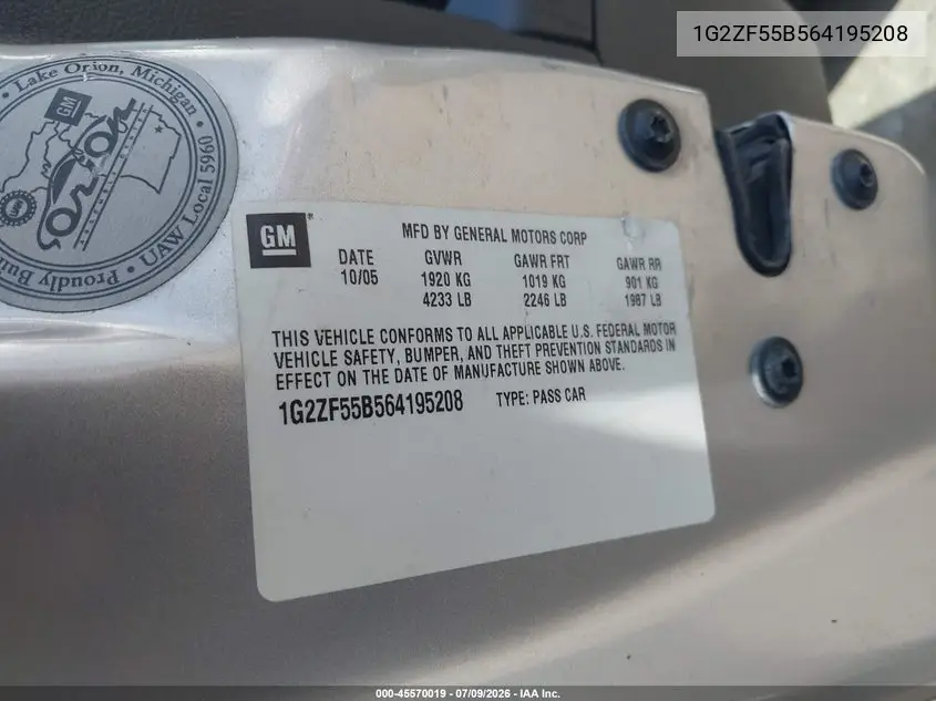 2006 Pontiac G6 VIN: 1G2ZF55B564195208 Lot: 45570019