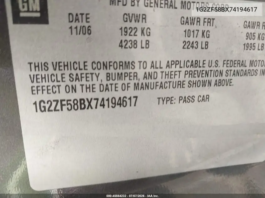 2007 Pontiac G6 Value Leader VIN: 1G2ZF58BX74194617 Lot: 45564232