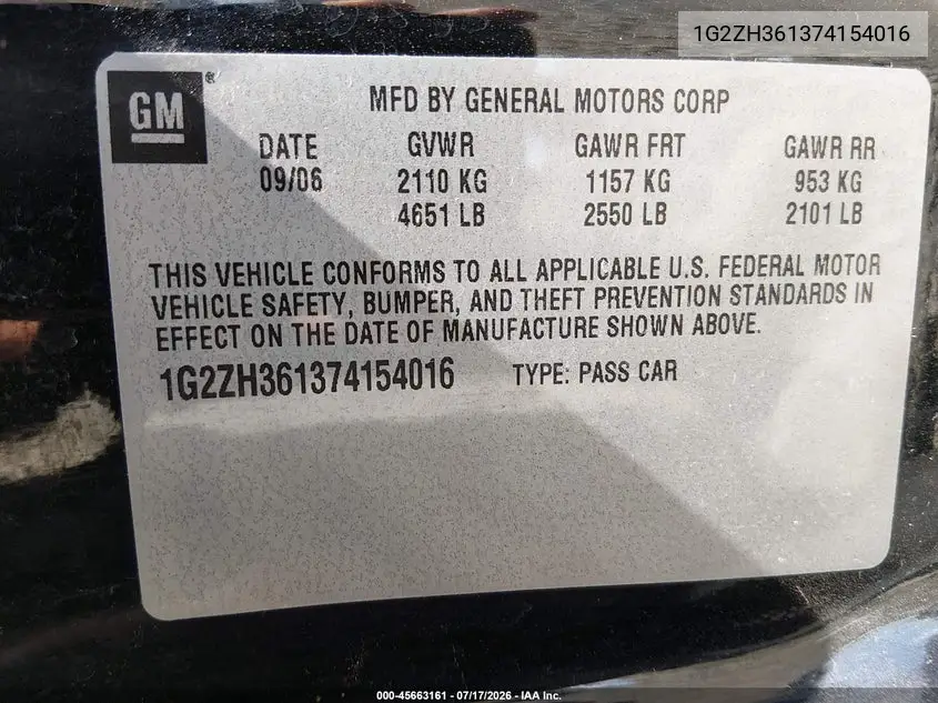 2007 Pontiac G6 Gt VIN: 1G2ZH361374154016 Lot: 45663161