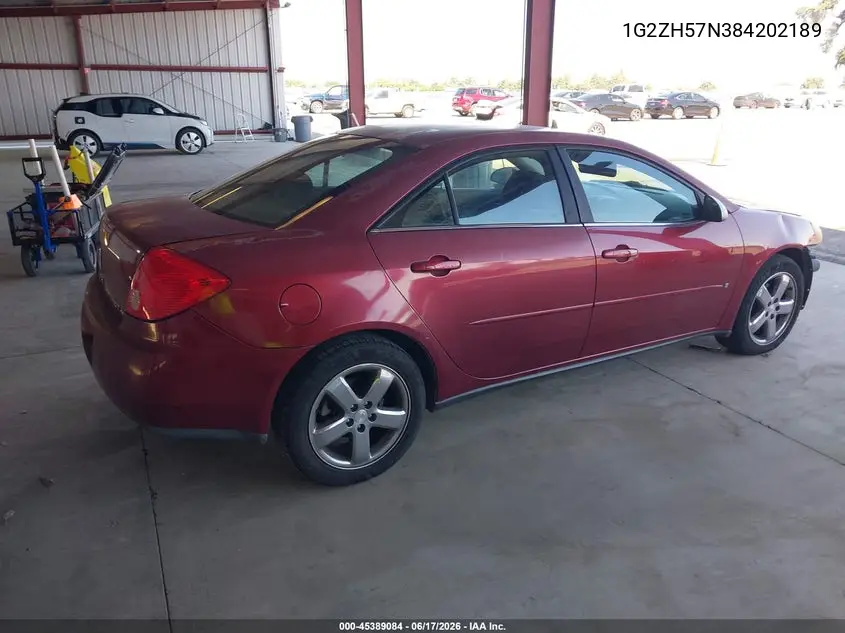 2008 Pontiac G6 Gt VIN: 1G2ZH57N384202189 Lot: 45389084