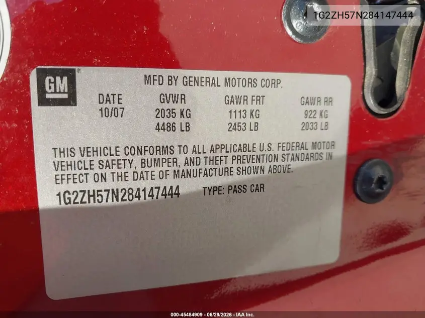 2008 Pontiac G6 Gt VIN: 1G2ZH57N284147444 Lot: 45484909