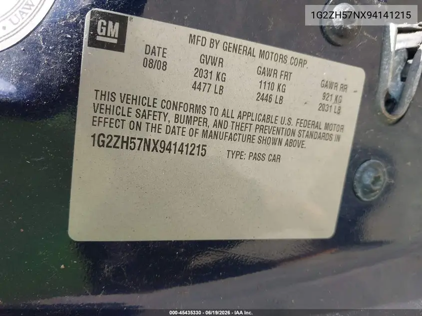 2009 Pontiac G6 Gt VIN: 1G2ZH57NX94141215 Lot: 45435330
