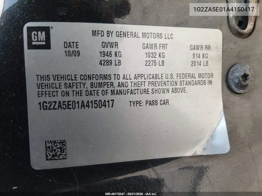 2010 Pontiac G6 VIN: 1G2ZA5E01A4150417 Lot: 45175347