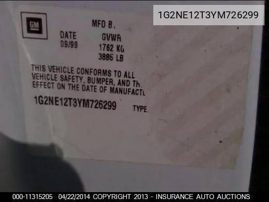2000 Pontiac Grand Am Se VIN: 1G2NE12T3YM726299 Lot: 11315205