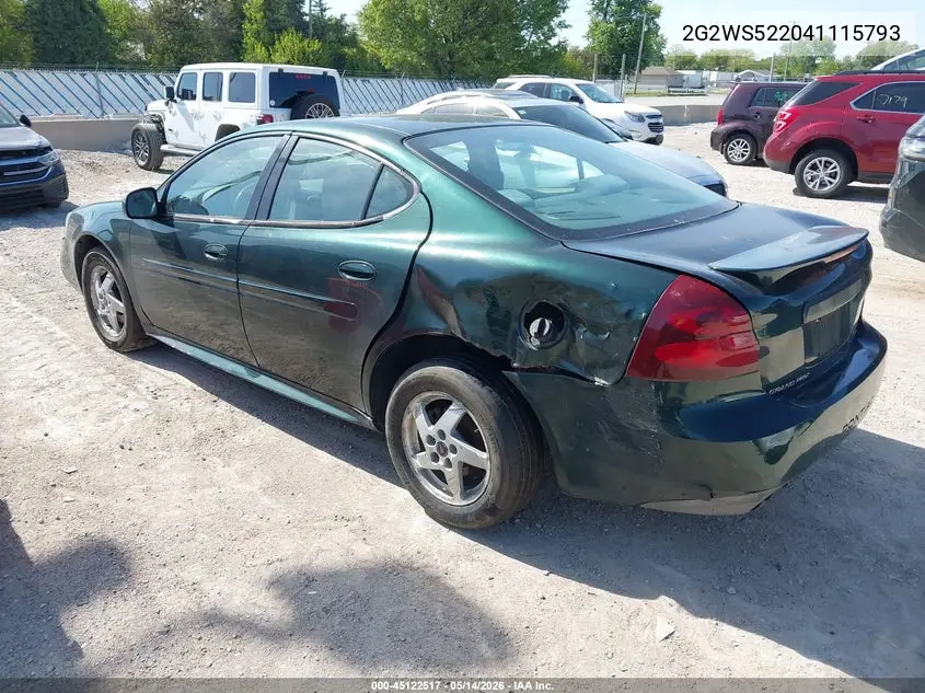 2004 Pontiac Grand Prix Gt2 VIN: 2G2WS522041115793 Lot: 45122517