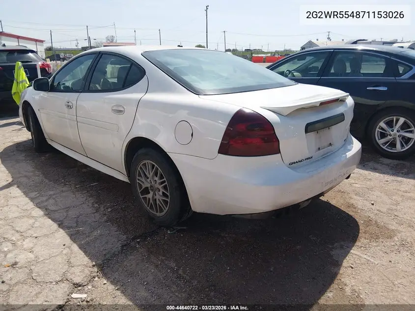 2007 Pontiac Grand Prix Gt VIN: 2G2WR554871153026 Lot: 44640722
