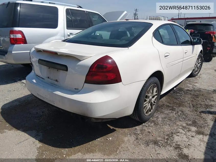2007 Pontiac Grand Prix Gt VIN: 2G2WR554871153026 Lot: 44640722