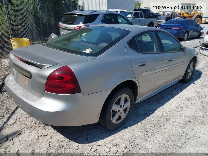 2008 Pontiac Grand Prix VIN: 2G2WP552581114402 Lot: 45540596