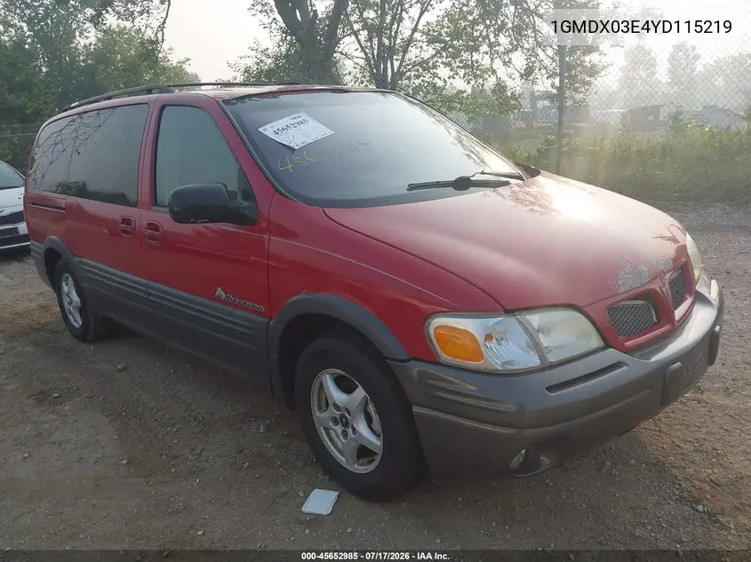 2000 Pontiac Montana M16 VIN: 1GMDX03E4YD115219 Lot: 45652985