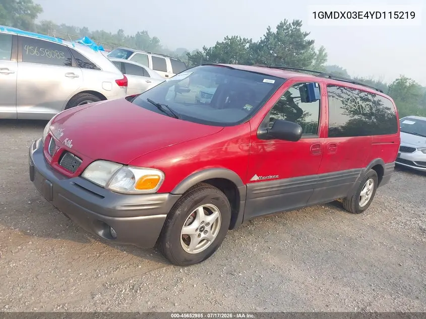 2000 Pontiac Montana M16 VIN: 1GMDX03E4YD115219 Lot: 45652985