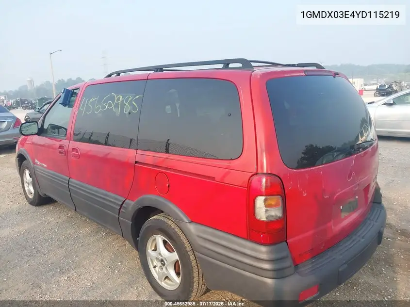 2000 Pontiac Montana M16 VIN: 1GMDX03E4YD115219 Lot: 45652985