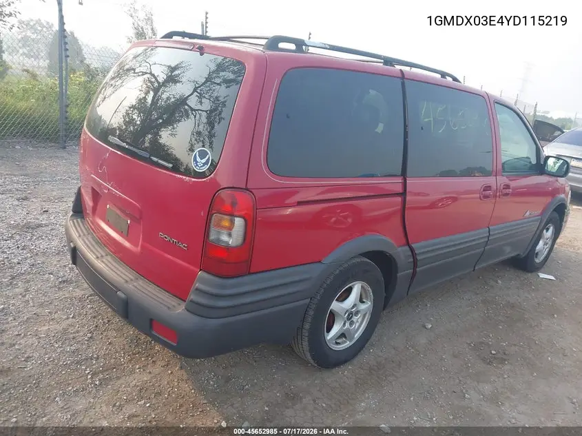 2000 Pontiac Montana M16 VIN: 1GMDX03E4YD115219 Lot: 45652985