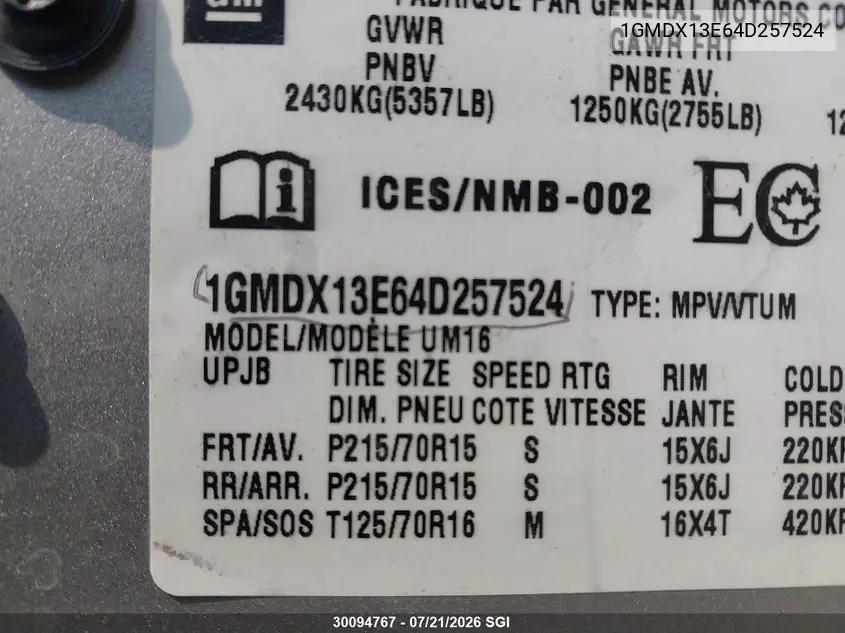 2004 Pontiac Montana Luxury VIN: 1GMDX13E64D257524 Lot: 30094767
