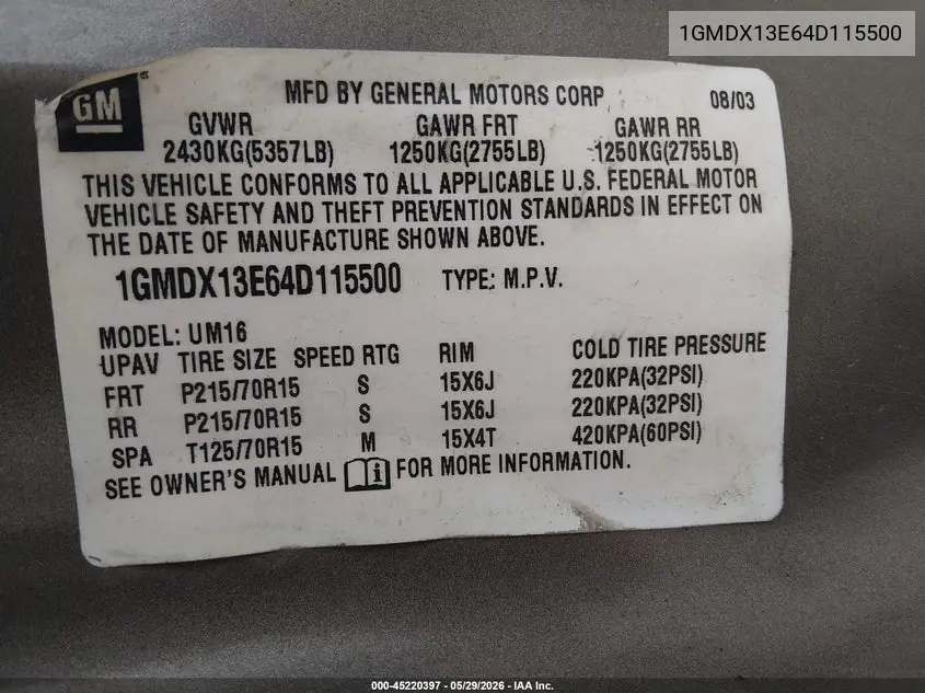 2004 Pontiac Montana M16 W/1Se Pkg. VIN: 1GMDX13E64D115500 Lot: 45220397