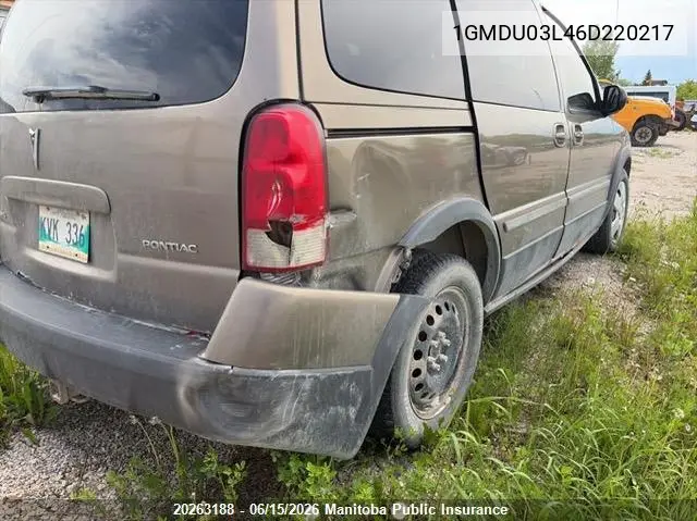 2006 Pontiac Montana Sv6 VIN: 1GMDU03L46D220217 Lot: 20263188