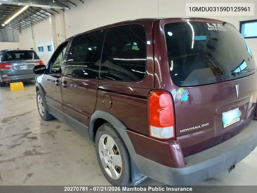 2009 Pontiac Montana Sv6 VIN: 1GMDU03159D125961 Lot: 20270781