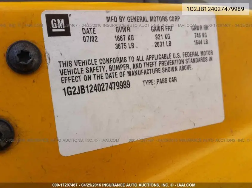 2002 Pontiac Sunfire Se VIN: 1G2JB124027479989 Lot: 17297467