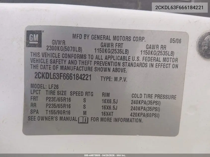2006 Pontiac Torrent VIN: 2CKDL63F666184221 Lot: 44975908