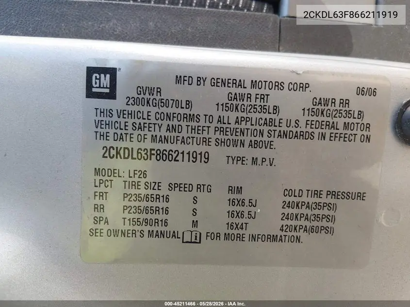 2006 Pontiac Torrent VIN: 2CKDL63F866211919 Lot: 45211466