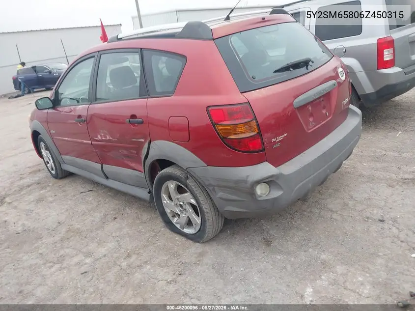 2006 Pontiac Vibe VIN: 5Y2SM65806Z450315 Lot: 45200096