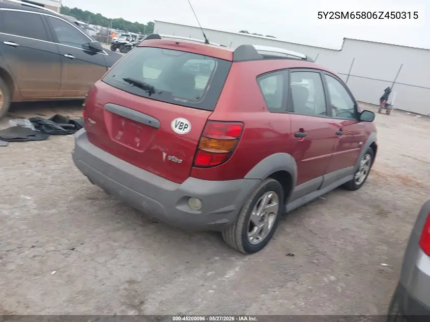 2006 Pontiac Vibe VIN: 5Y2SM65806Z450315 Lot: 45200096