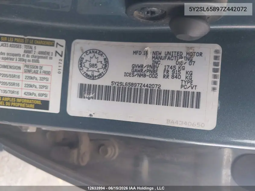 2007 Pontiac Vibe VIN: 5Y2SL65897Z442072 Lot: 12633994x