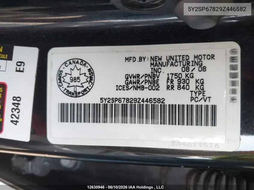 2009 Pontiac Vibe VIN: 5Y2SP67829Z446582 Lot: 12630946