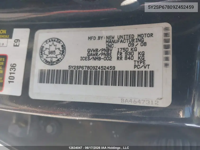 2009 Pontiac Vibe VIN: 5Y2SP67809Z452459 Lot: 12634047